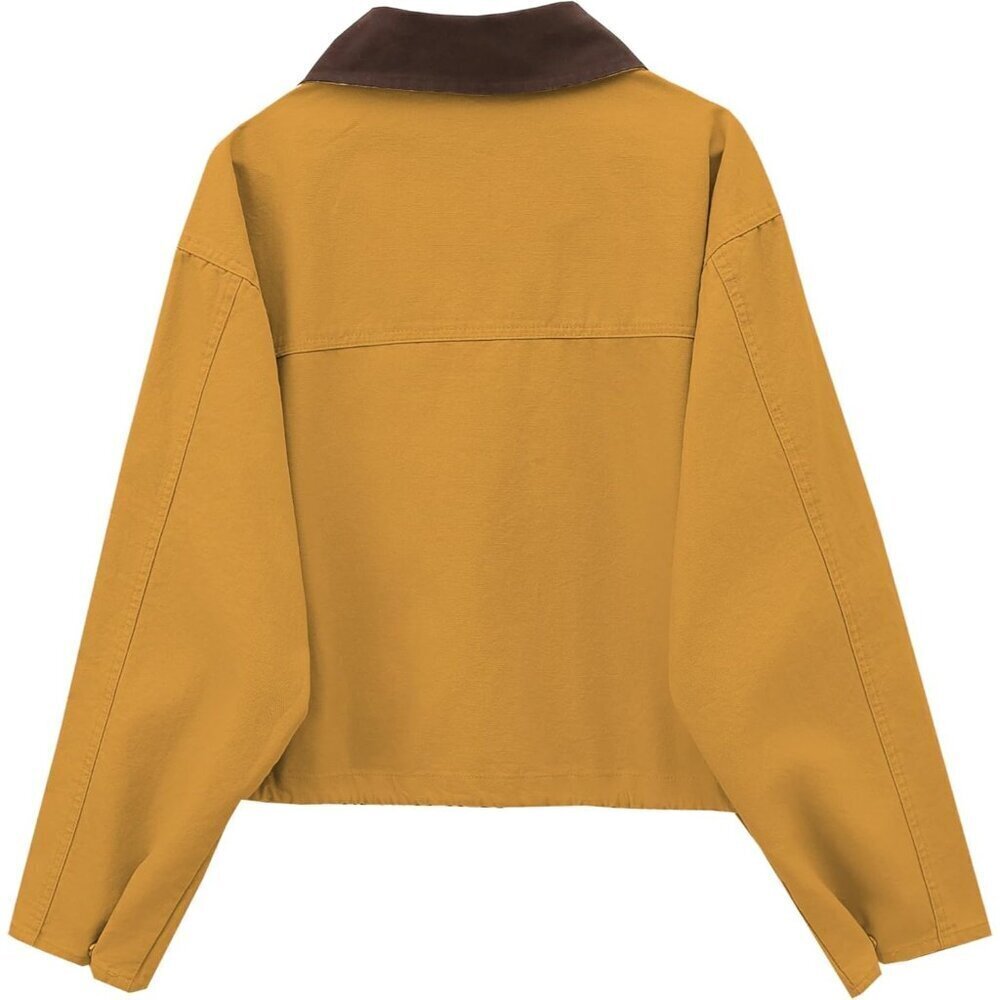 🆕Women Yellow Cropped Utility Cargo Coat Contrast Collar Barn Outwear - Picture 4 of 6